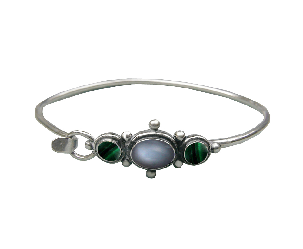 Sterling Silver Strap Latch Spring Hook Bangle Bracelet Grey Moonstone And Malachite